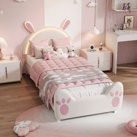 Lit simple 90x200 cm, lit enfant fille avec tête de lit en forme de lapin, lit princesse avec éclairage LED, sommier à lattes, velours, Blanc et rose