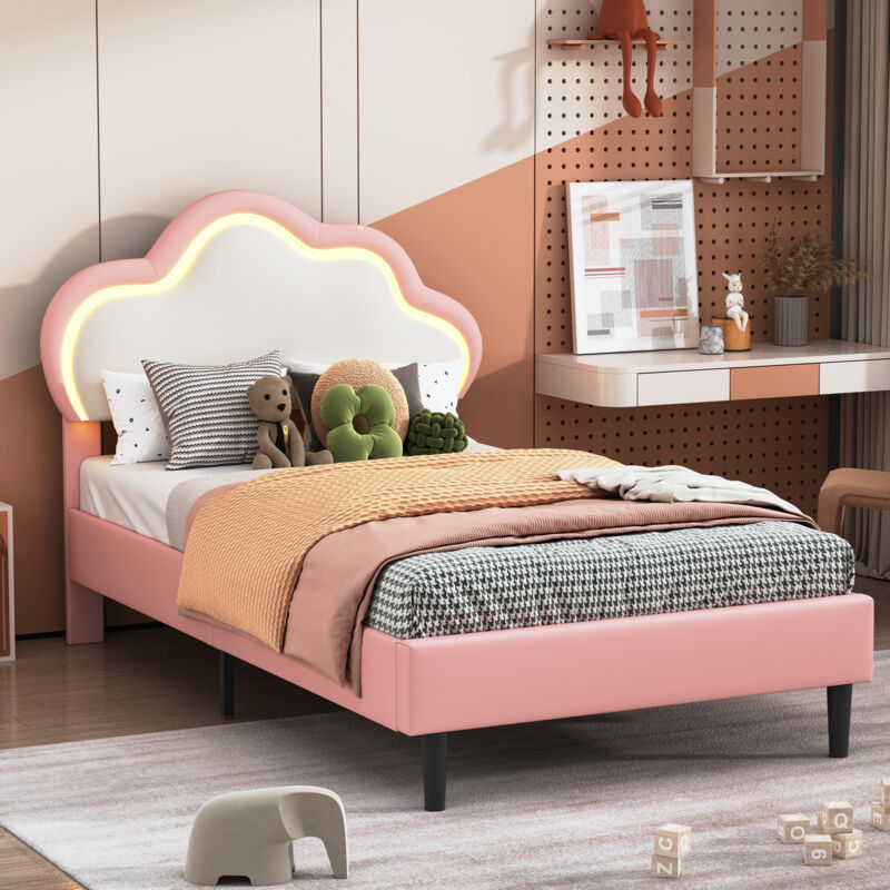 Lit simple 90x200 cm, Lit enfant princesse avec tête de lit en forme de nuage et éclairage LED RGB, PU, Rose