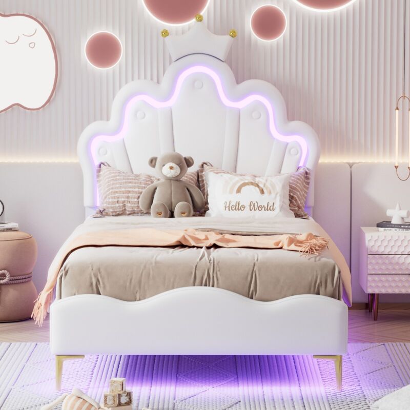 Dans Les Nuages – Lit simple 90x200 cm – Lit princesse couronne avec éclairage LED – Similicuir blanc – Sommier à lattes – Style scandinave