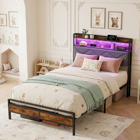 Lit simple 90x200 cm, Lit rembourré avec LED et USB - Sommier à Lattes Inclus - Scandinave, tissu lin, Noir