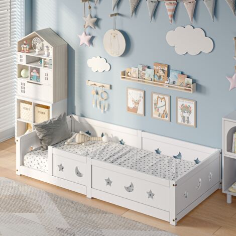 Lit simple 90x200 cm, pour enfant en bois massif de pin, lit à barreaux étoiles et lunes, lit caban, avec protection anti-chute et sommier à lattes - blanc