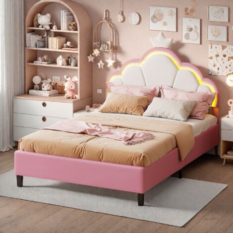Lit simple 90x200 cm, tête de lit décor couronne, bandeau lumineux LED, sommier à lattes, velours, lit princesse enfant,Rose