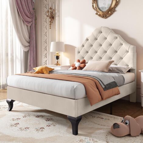Lit simple 90x200 cm, tissu velours, avec tête de lit réglable en hauteur, sommier à lattes, lit enfant capitonné, style classique - Beige