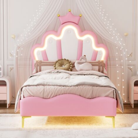 Lit simple 90x200 cm,Lit princesse couronne, avec éclairage LED, similicuir, style scandinave, sommier à lattes, lit enfant,Rose