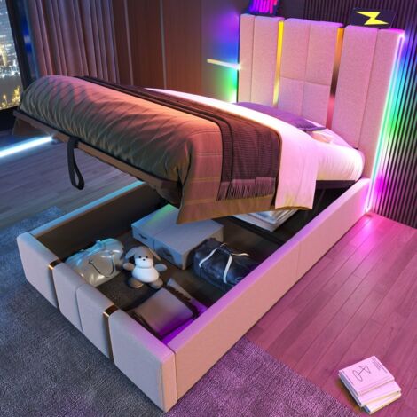 Lit simple 90x200 lin beige, USB-C/APP, LEDs, rangement, tête rembourrée et sommier bois (sans matelas)