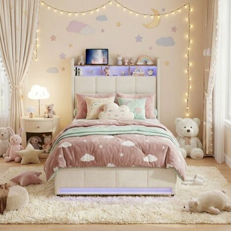 Lit simple 90x200, Lit Adulte avec 2 Tiroirs – Tête de Lit LED et Rangement, Sommier à Lattes – Tissu Lin, Beige