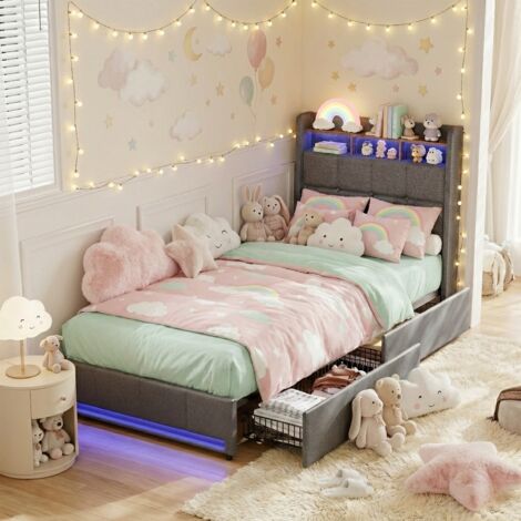 Lit simple 90x200, Lit Adulte avec 2 Tiroirs – Tête de Lit LED et Rangement, Sommier à Lattes – Tissu Lin, Gris