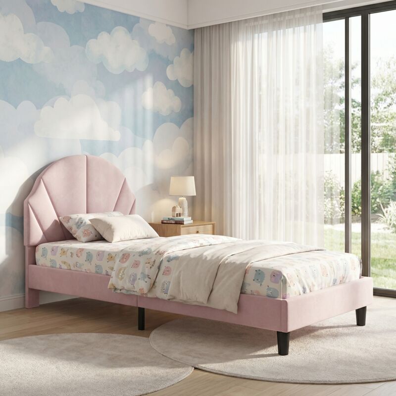 Lit simple 90x200, lit enfant capitonné avec tête de lit coquille réglable en hauteur, velours, style moderne scandinavo(90x200cm, Rose)