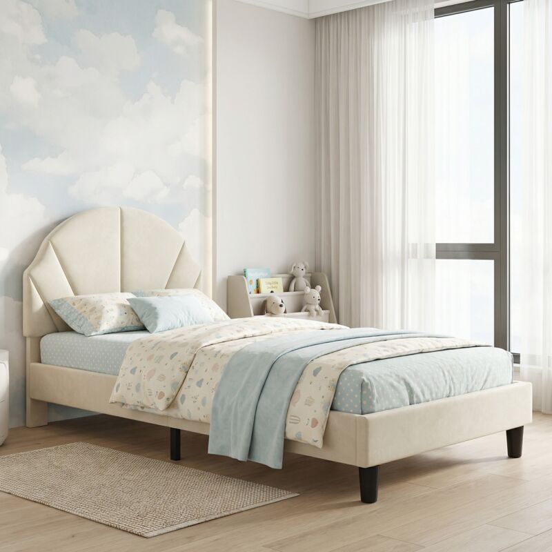 Lit simple 90x200, lit enfant capitonné avec tête de lit coquille réglable en hauteur, velours, style moderne scandinavo(90x200cm, Beige)