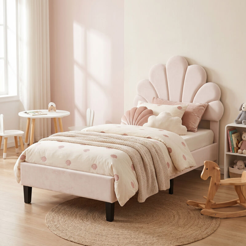 Lit simple 90x200, lit enfant capitonné princesse avec tête de lit coquillage réglable en hauteur, style moderne scandinavo(90x200cm, Beige)