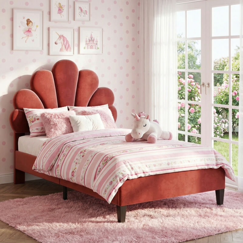 Lit simple 90x200, lit enfant capitonné princesse avec tête de lit coquillage réglable en hauteur, style moderne scandinavo(90x200cm, Rouge)