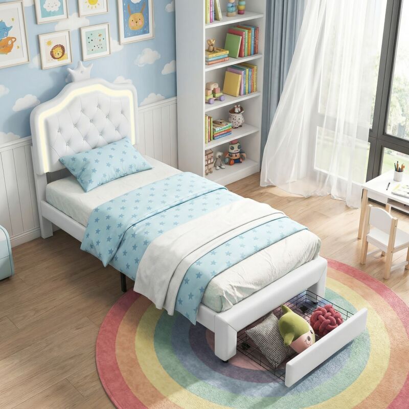 Lit simple 90x200, lit enfant, éclairage LED et tiroir de rangement, tête de lit couronne ajustable, style moderne princesse(90x200cm, Blanc)
