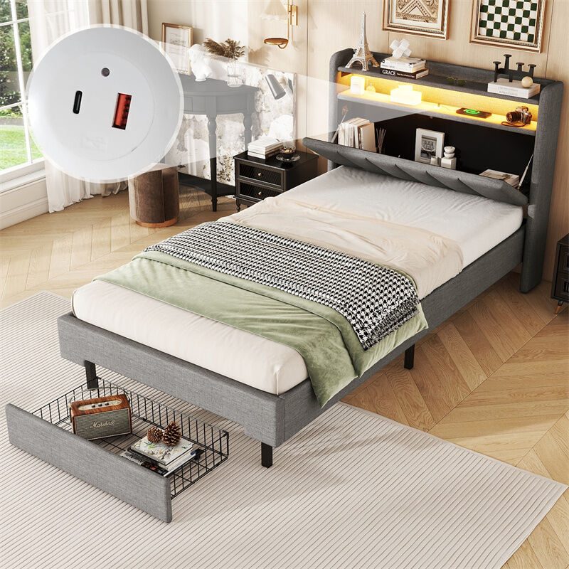 Fortuna Lai - Lit simple 90x200cm, avec 1 tiroir, port charge, sommier à lattes et tête de lit led avec espace de rangement, cotton Lin, gris