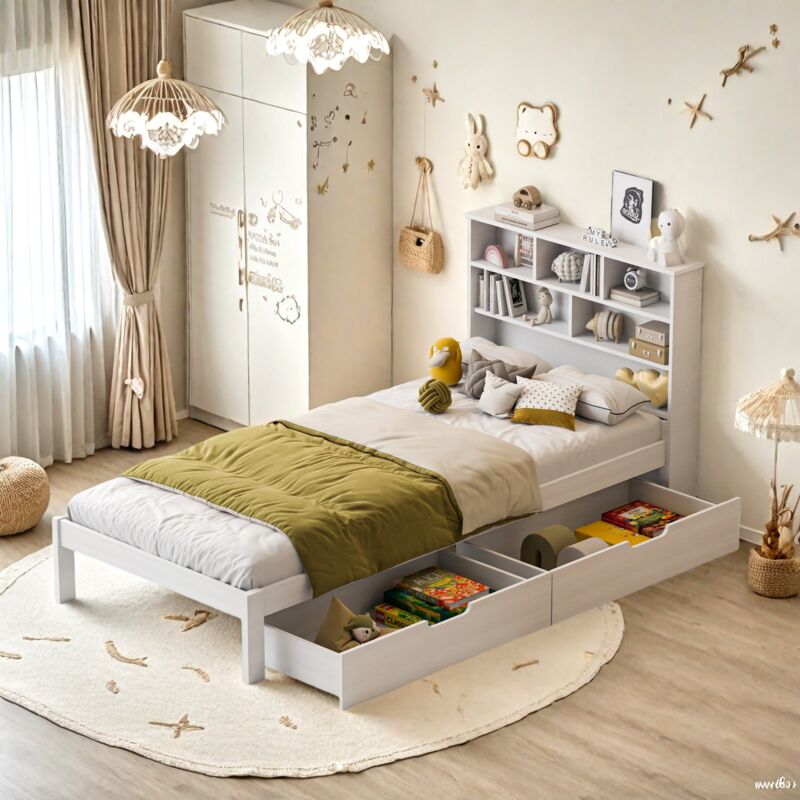 Lit simple 90x200cm avec 2 tiroirs, Tête de lit avec rangement bibliothèque, sommier à lattes, lit bois massif, lit garçon, lit fille, lit ado, Blanc