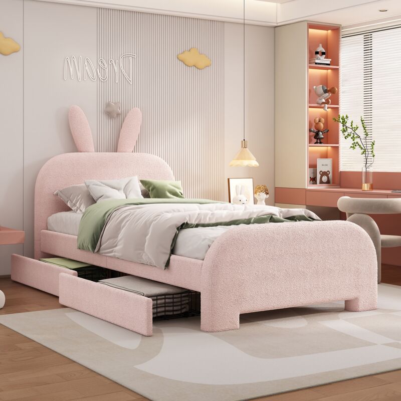 Dans Les Nuages - Lit simple 90x200 cm, avec 2 tiroirs, tête de lit en forme de lapin, sommier à lattes en bois, cadre en métal, lit capitonné en