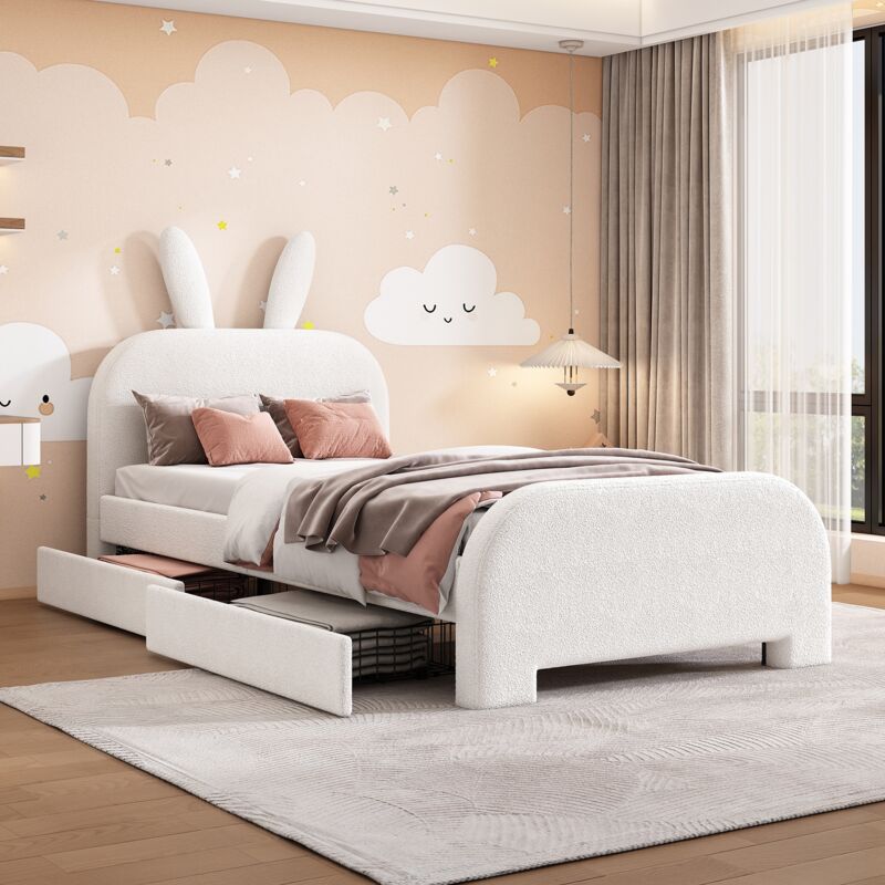 Dans Les Nuages - Lit simple 90x200 cm, avec 2 tiroirs, tête de lit en forme de lapin, sommier à lattes en bois, cadre en métal, lit capitonné en