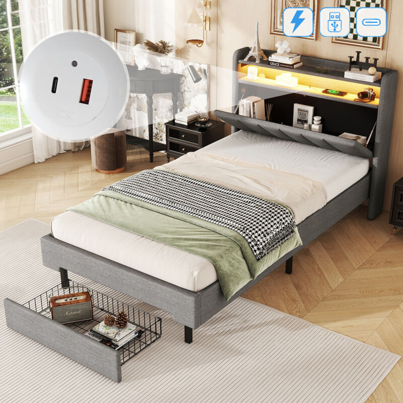 Lit simple 90x200 cm, avec éclairage led, 2 tiroirs, tête de lit de rangement, usb/c charge, sommier à lattes en bois, lit enfant en lin - Gris