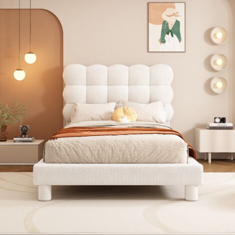 Lit simple 90x200cm, avec tête de lit capitonnée réglable, sommier à lattes, lit enfant, Design moderne - Blanc