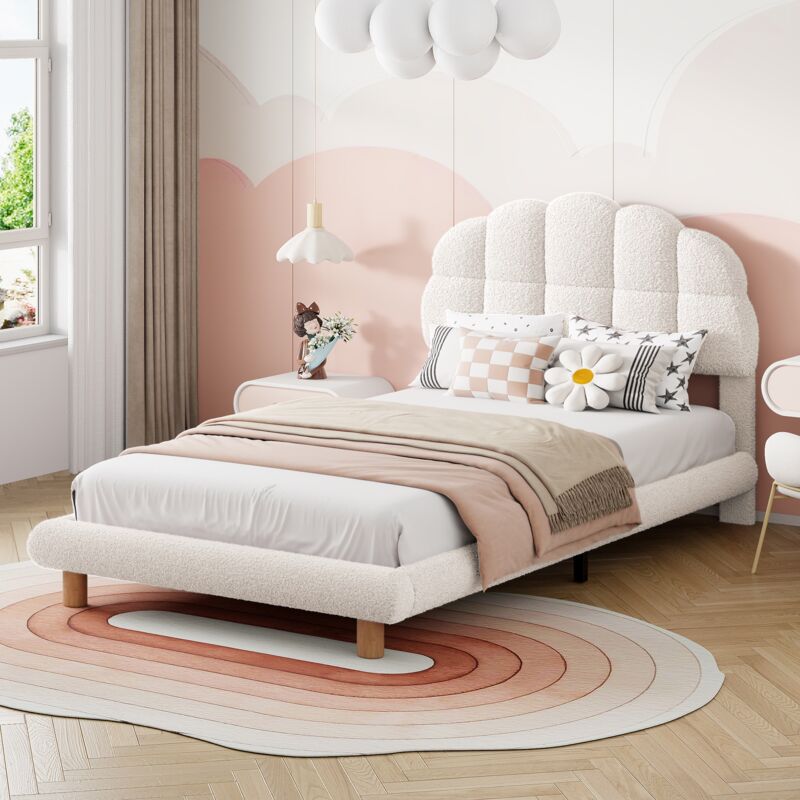 Lit simple 90x200 cm, avec tête de lit en forme de cercle guimauve, sommier à lattes en bois, cadre en métal, lit capitonné en sherpa - Beige