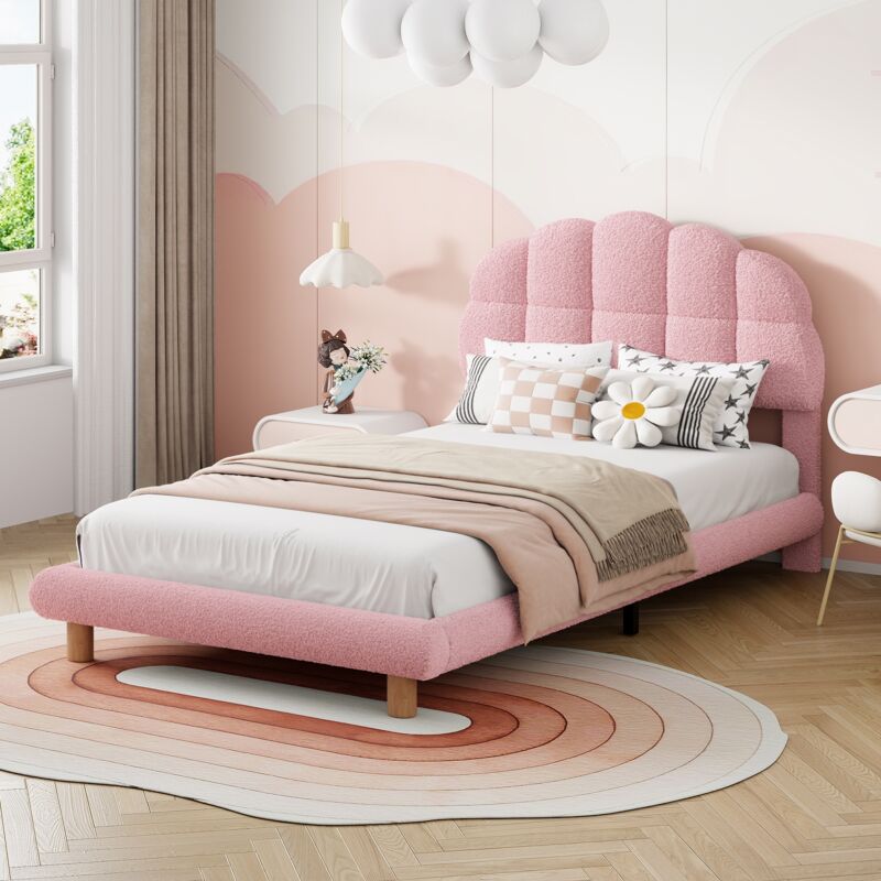 Lit simple 90x200 cm, avec tête de lit en forme de cercle guimauve, sommier à lattes en bois, cadre en métal, lit capitonné en sherpa - Rose
