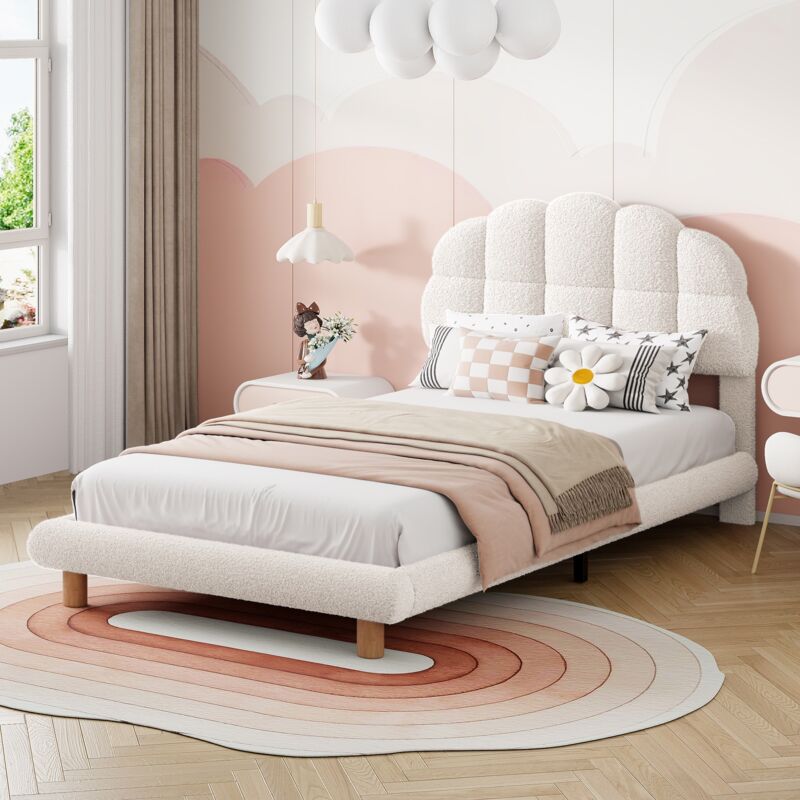 Dans Les Nuages - Lit simple 90x200 cm, avec tête de lit en forme de cercle guimauve, sommier à lattes en bois, cadre en métal, lit capitonné en