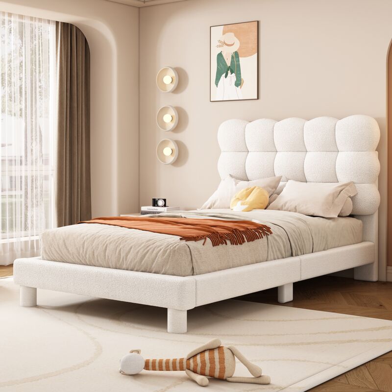 Lit simple 90x200 cm, avec tête de lit en réglage haute, aspect rond, sommier à lattes en bois, cadre en métal, lit capitonné en sherpa - Blanc