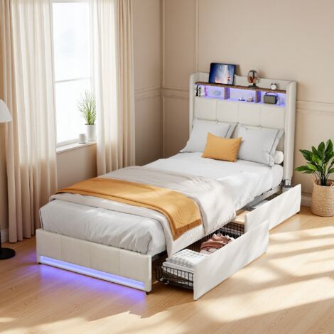 Lit Simple 90x200cm avec Tiroirs, Lit Enfant, Lit 1 Personnes capitonné avec LED Réglables,  Tête de Lit avec Port USB et Rangement, Sommier à Lattes, Lin, Beige