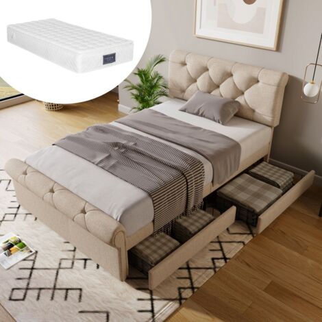 Lit Simple 90x200cm Chesterfield Naturel , Tête de Lit Réglable et 2 Tiroirs de Rangement (avec matelas)