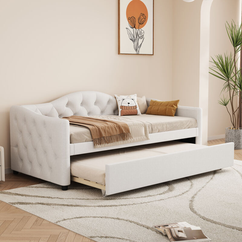 Lit simple 90x200cm, lin, canapé-lit simple avec lit gigogne, sans matelas, beige