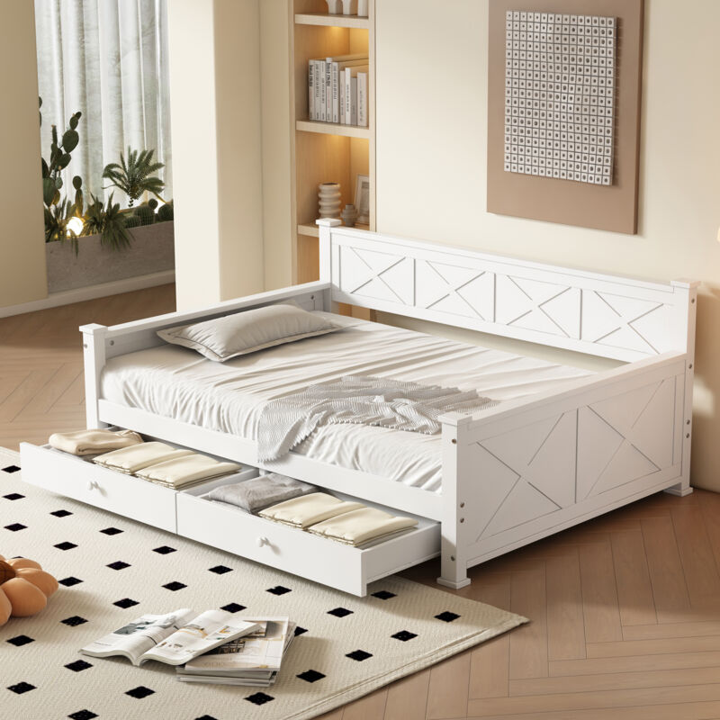 Lit simple 90x200cm - lit avec sommier à lattes et 2 tiroirs et entourage de lit sur un côté - sans matela - en bois blanc