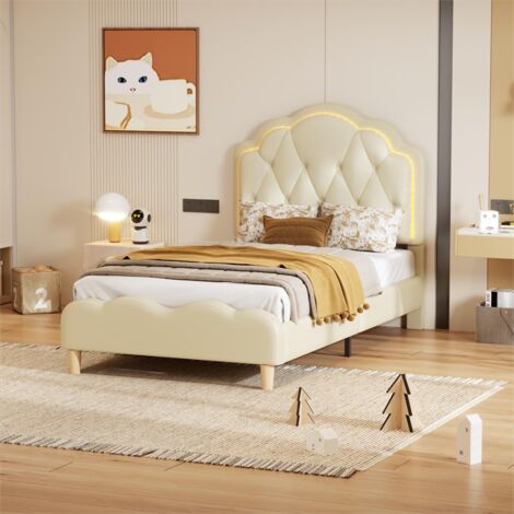 Lit simple 90x200cm, lit capitonné PU avec bandes LED couleurs variées, sommier à lattes, et tête de lit en forme de vague, blanc