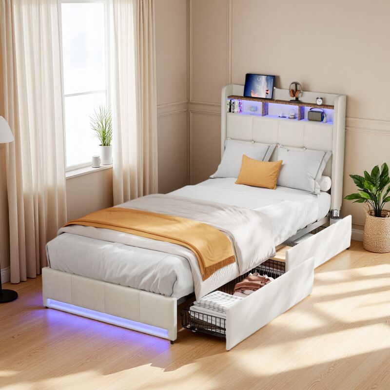 Lit Simple 90x200cm avec Tiroirs, Lit Enfant, Lit 1 Personnes capitonné avec LED Réglables, Tête de Lit avec Port USB et Rangement, Sommier à Lattes,