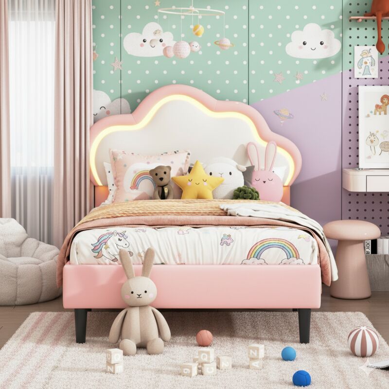 Lit simple 90x200cm - lit enfant à lattes avec LED - lit rembourré - simili cuir - lit 90x200 cm - rose