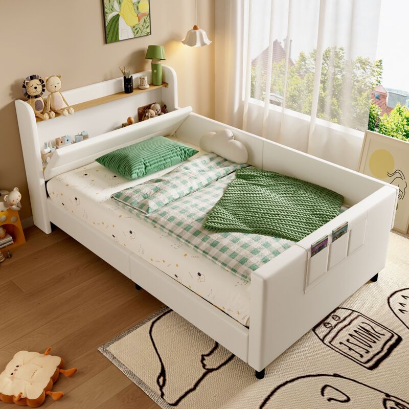 Tanant - Lit simple 90x200cm, lit enfant avec table de chevet rangement, 3 poches latérales de rangement, cadre de lit moderne avec rangements, Blanc
