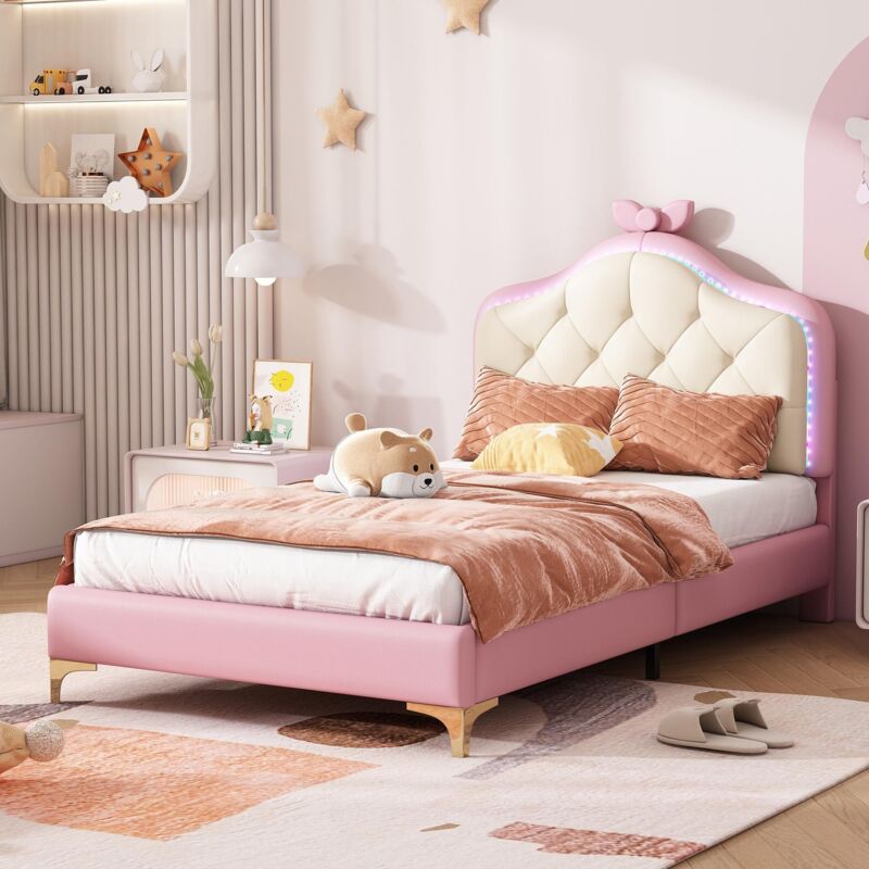 Lit simple 90x200 cm, tissu similicuir, avec éclairage led, nœud sur la tête de lit, sommier à lattes, lit enfant capitonné - Rose