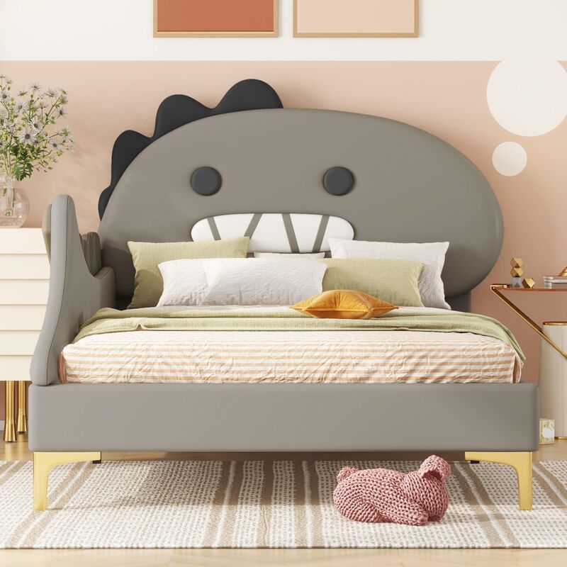 Lit simple 90x200cm, tissu similicuir, avec Tête de lit forme de dinosaure de dessin animé, sommier à lattes, lit enfant capitonné - gris - gris