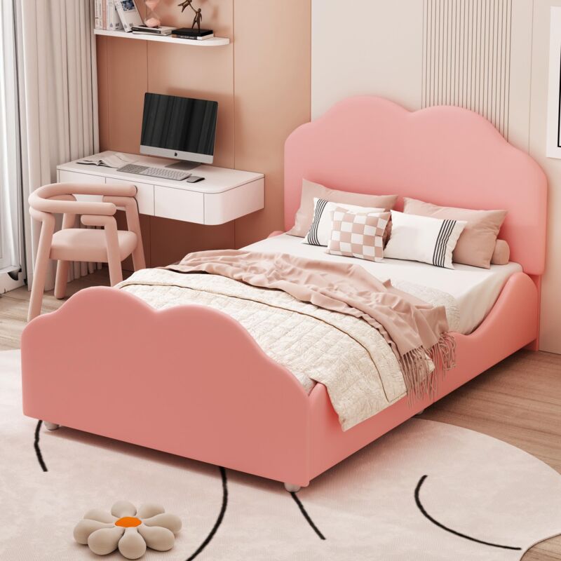 Lit simple 90x200 cm, tissu velours, avec Tête de lit en forme de nuage, sommier à lattes, lit enfant capitonné - Rose