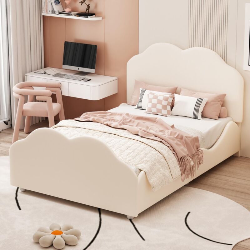 Dans Les Nuages - Lit simple 90x200cm, tissu velours, avec Tête de lit en forme de nuage, sommier à lattes, lit enfant capitonné - beige - Beige