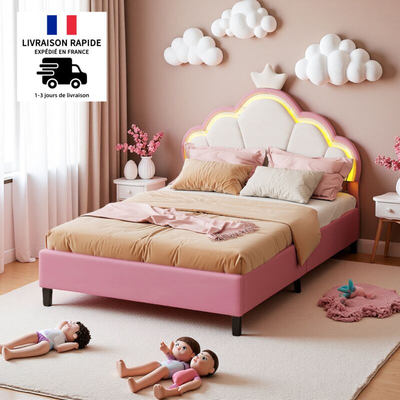 Lit simple 90x200cm - Lit princesse avec éclairage LED, tête de lit forme nuage, sommier à lattes, lit ado, lit adulte, simili cuir - Rose