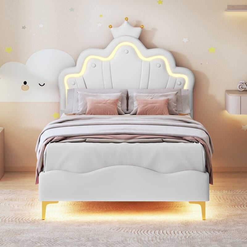 Fortuna Lai - Lit simple 90x200cm - Lit princesse led avec sommier à lattes et tête de lit en forme de couronne, en cuir pu - Blanc