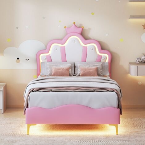 Lit simple 90x200cm - Lit princesse LED avec sommier à lattes et tête de lit en forme de couronne, en cuir PU - Rose