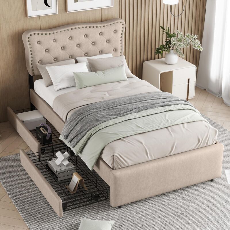 Dans Les Nuages - Lit simple capitonné 90x200 cm, tissu lin avec 2 tiroirs, sommier à lattes, tête de lit avec rivets et boutons, lit enfant style