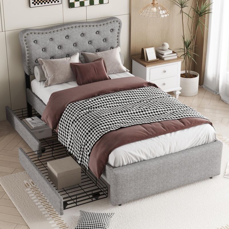 Lit simple capitonné 90x200 cm, tissu lin avec 2 tiroirs, sommier à lattes, tête de lit avec rivets et boutons, lit enfant style Classique - gris