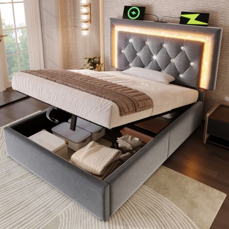 Lit simple 90x200cm velours gris avec tête de lit LED diamant, rangement coffre hydraulique, sommier lattes et charge USB/Type-C (sans Matelas)