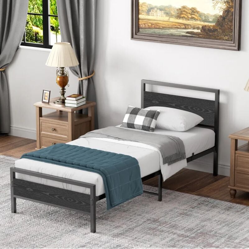 Modfu - Lit simple adulte/enfant structure en métal, style classique, tête de lit en mdf, noir, sans matelas - 90 x 200 cm