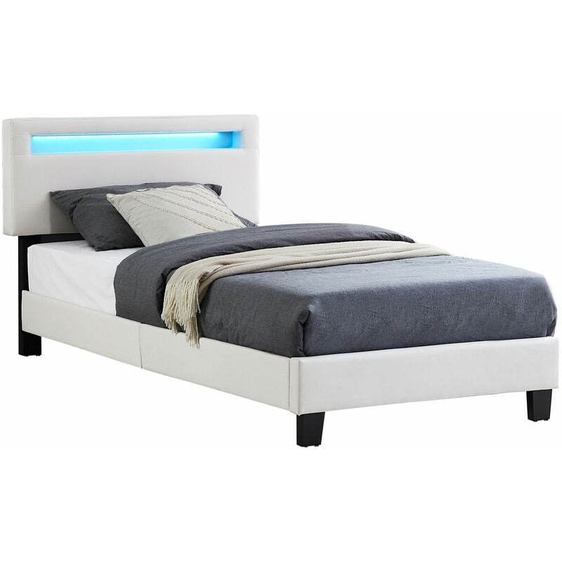 Idimex - Lit led simple austin 90x190 cm, avec sommier, revêtement en tissu blanc