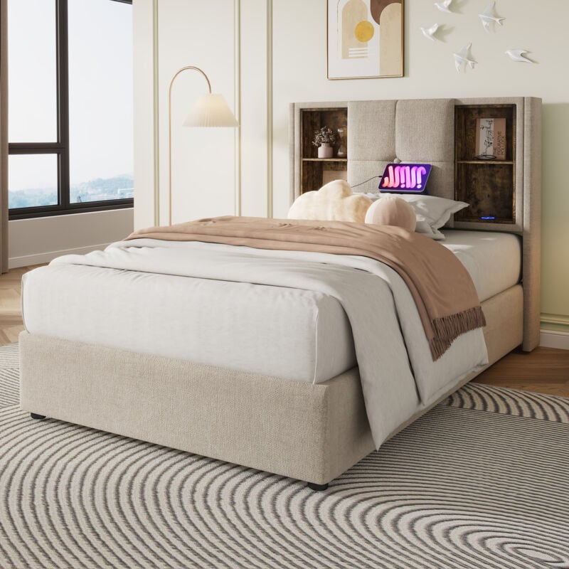 Lit simple avec chargement sans fil USB C, cadre de lit rembourré 90x200cm, cadre de lit avec rangements, sommier à lattes en bois et lin naturel