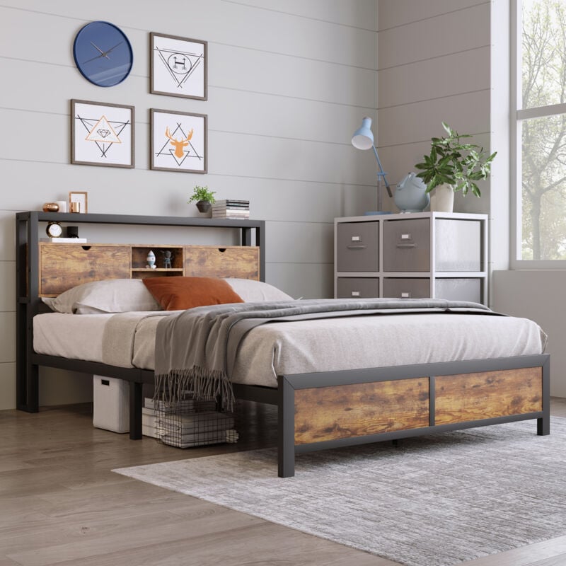 Modernluxe - lit simple avec espace de rangement - cadre en métal - Marron - 140x200 cm