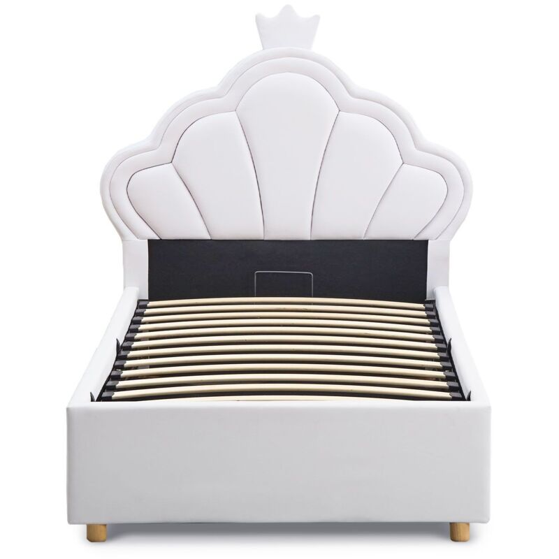 Lit simple avec tête de lit coquillage et sommier relevable Queenie Simili Blanc