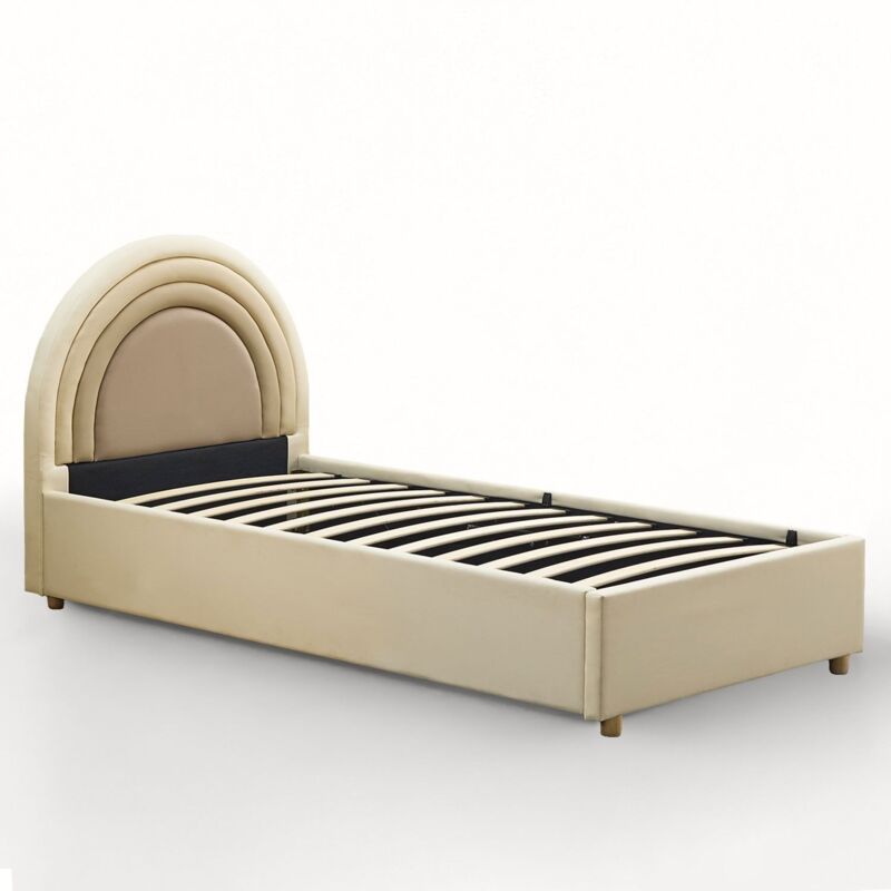 Lit simple avec tête de lit en arche et sommier relevable Bedbow Simili Beige